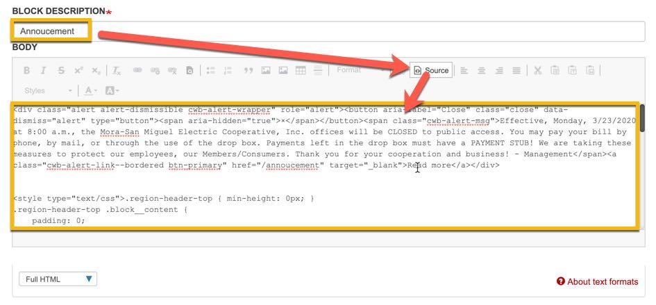 Announcement Block Creation with WYSIWYG